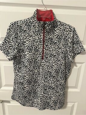 Tail Black and White Leopard Print Zip Polo with Red Trim